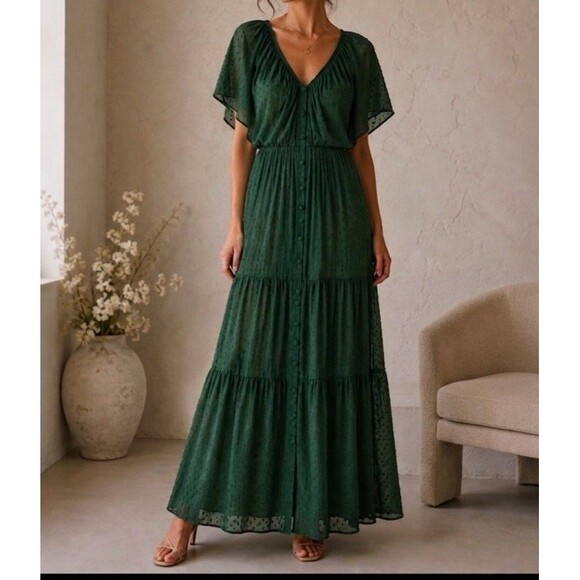 Anthropologie Dresses & Skirts - Anthropologie Maxi Dress Green swiss dots lined open back SZ L